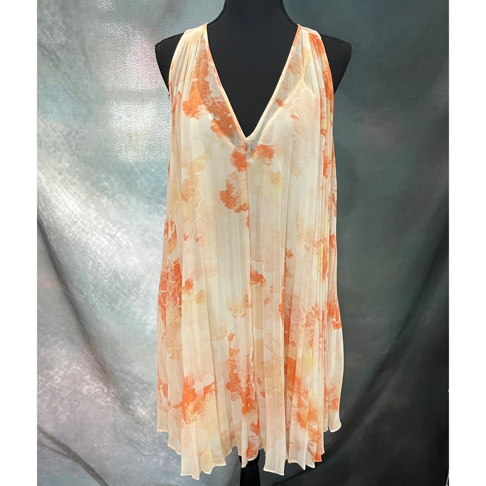 Club Monaco Orange Watercolor‎ Floral Pleated Chiffon V-Neck Shift Dress Size 6